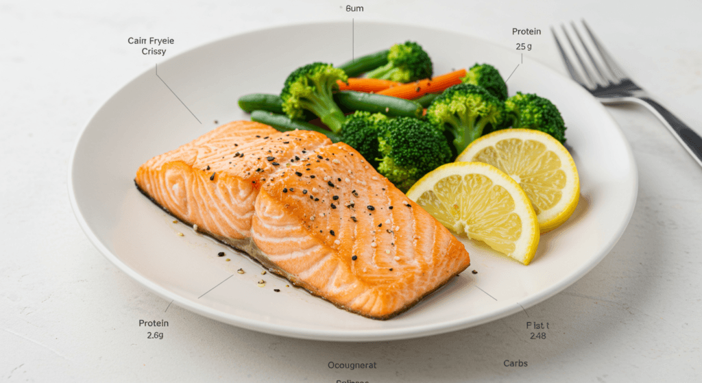 Air fried salmon fillet with infographic showing calorie, protein, fat, and carb content