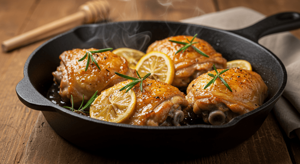Juicy baked chicken thighs with honey-garlic glaze and rosemary in a rustic skillet