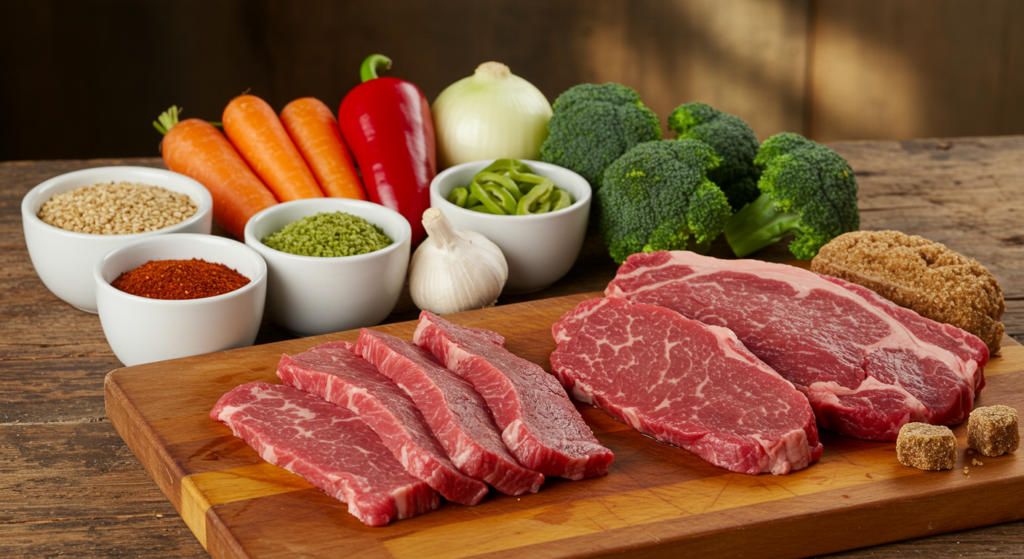 Ingrédients frais pour un bœuf sauté facile : légumes, viande, sauces et assaisonnements