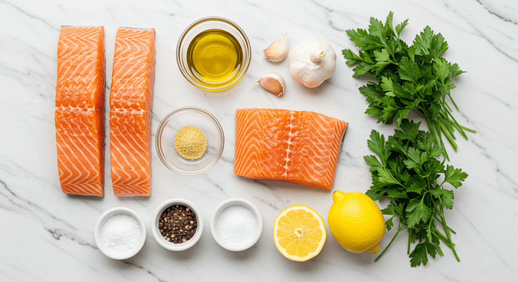 Essential ingredients for air fryer salmon including salmon fillets, olive oil, spices, lemon, and parsley