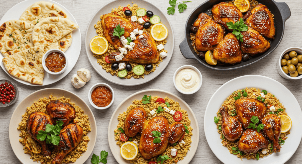 Assorted international baked chicken recipes including tandoori, Greek, Moroccan, and Asian styles