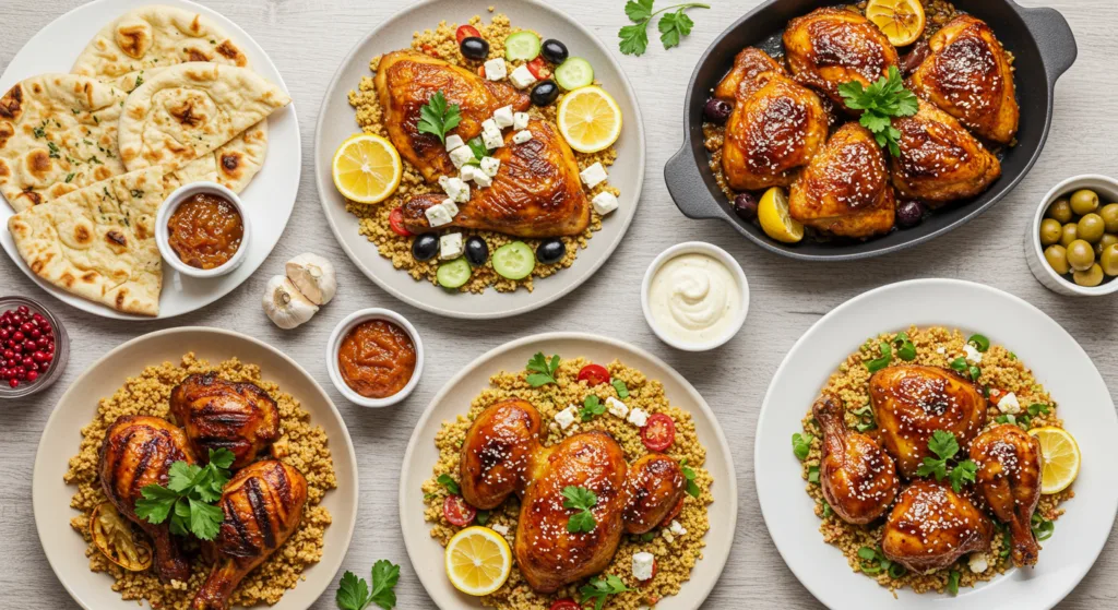 Assorted international baked chicken recipes including tandoori, Greek, Moroccan, and Asian styles