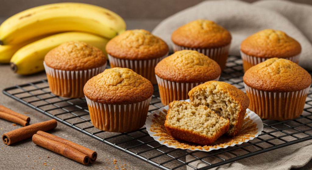 Moist Delicious Banana Muffins on Cooling Rack with Rustic Decor