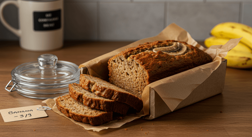 Stored Banana Bread Wrapped for Freshness in a Rustic Kitchen