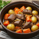 Ragoût de bœuf mijoté avec légumes servi dans un bol rustique