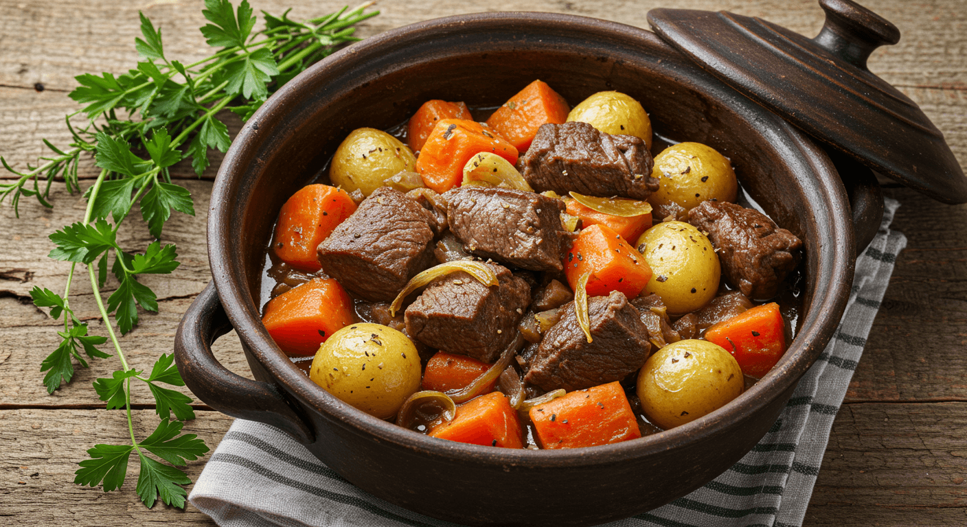 Ragoût de bœuf mijoté avec légumes servi dans un bol rustique