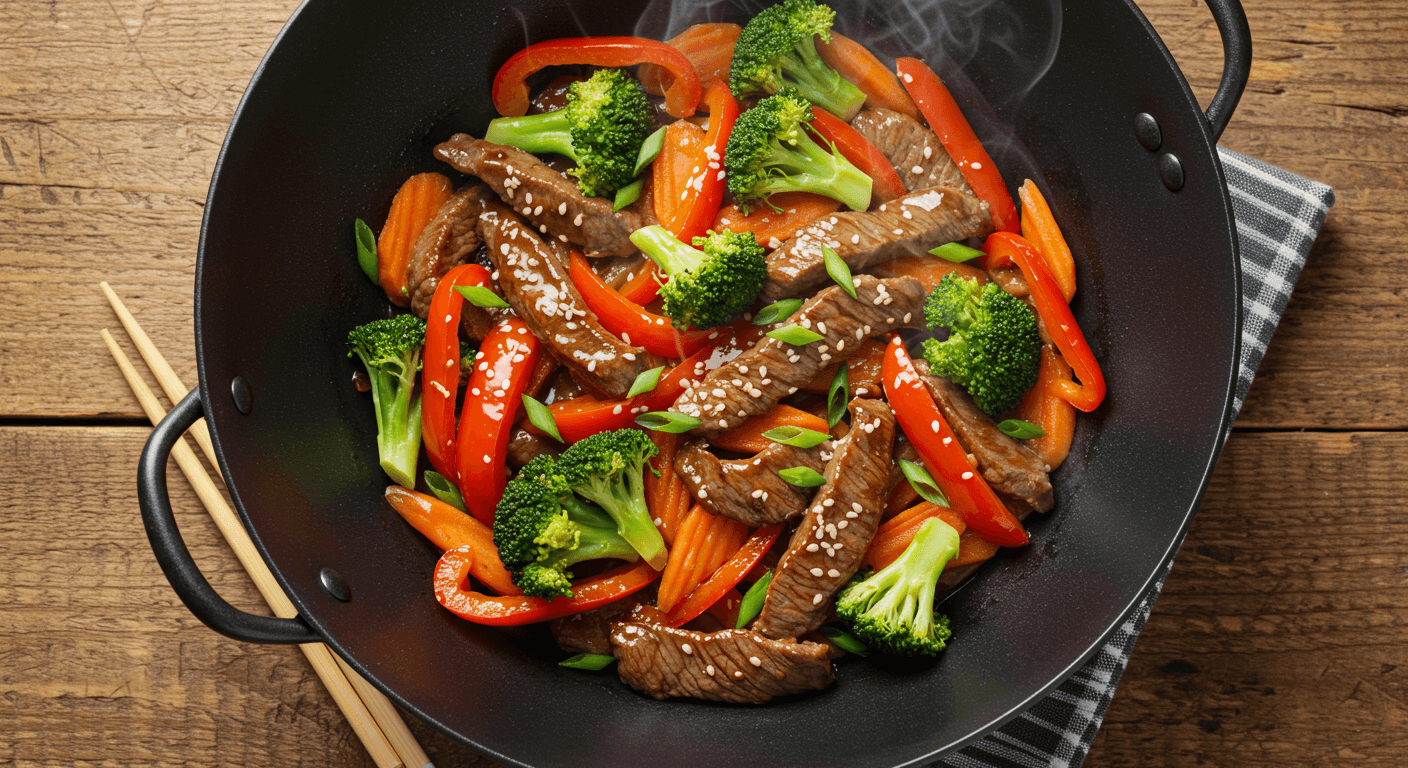 Beef stir fry recipe easy dinner with vegetables in a black wok on rustic table