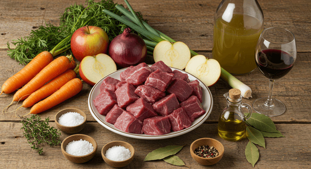 Ingrédients frais pour un ragoût de bœuf mijoté avec légumes sur planche de bois
