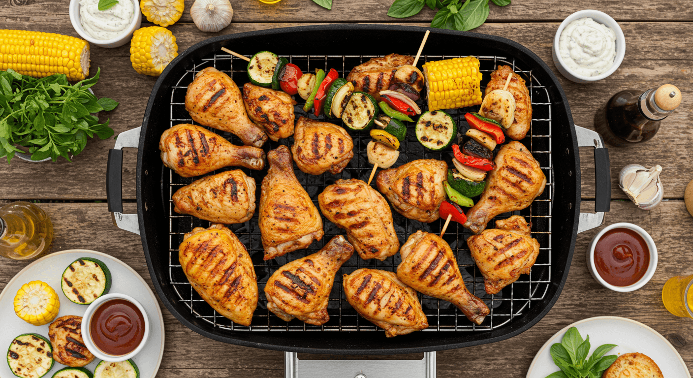 Grilled chicken recipes ideas with vegetables and sauces on a summer barbecue grill