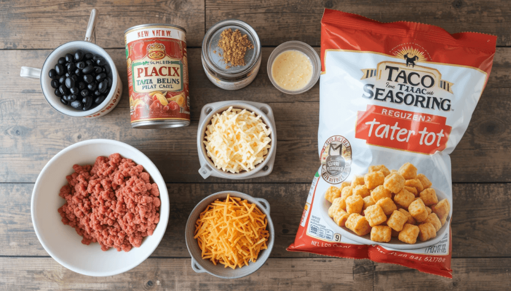 Flat-lay of Easy Taco Tater Tot Casserole ingredients including beef, seasoning, beans, cheese, corn, and frozen tater tots