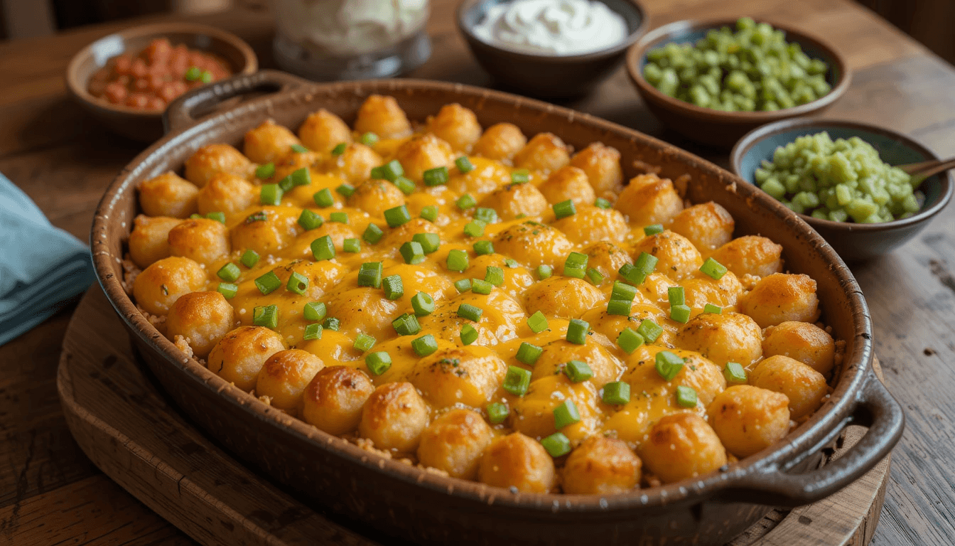 Easy Taco Tater Tot Casserole fresh out of the oven with melted cheese and crispy topping